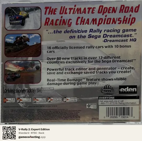 V-Rally 2: Expert Edition Sega Dreamcast, NTSC box back