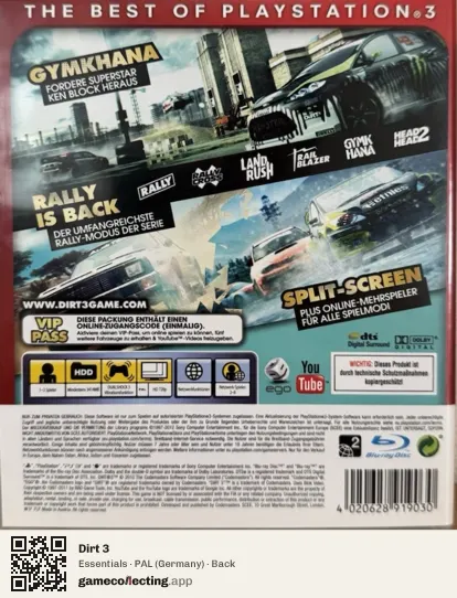 Dirt 3 PlayStation 3, Germany box back