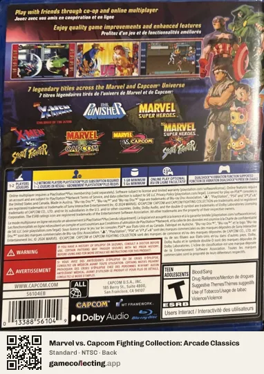 Marvel vs. Capcom Fighting Collection: Arcade Classics PlayStation 4, NTSC box back