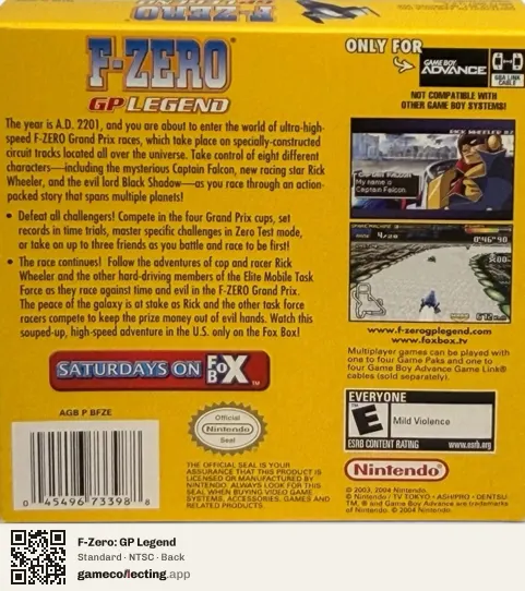 F-Zero: GP Legend Game Boy Advance, NTSC box back