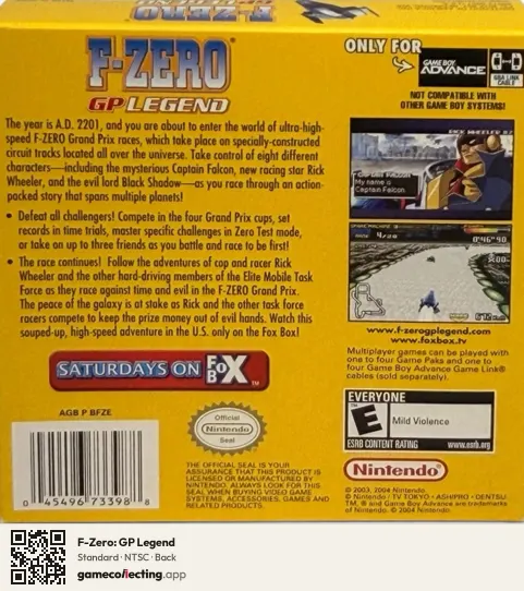 F-Zero: GP Legend Game Boy Advance, NTSC box back