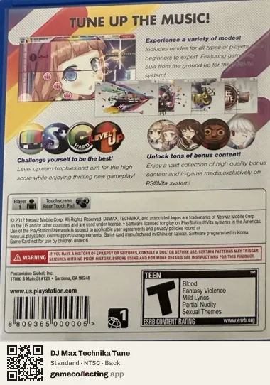 DJ Max Technika Tune PlayStation Vita, NTSC box back