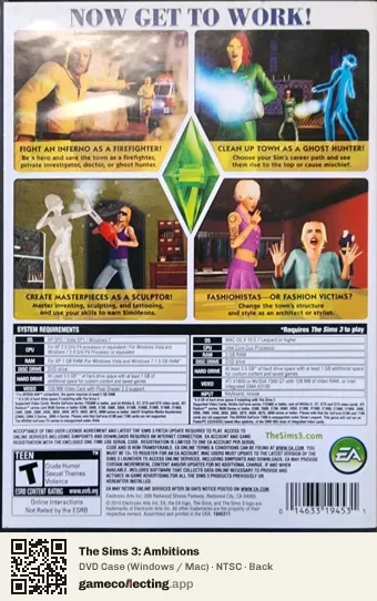 The Sims 3: Ambitions Computer, NTSC box back