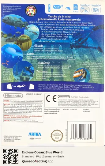 Endless Ocean: Blue World Nintendo Wii, Germany box back