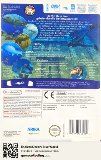 Endless Ocean: Blue World Nintendo Wii, Germany box back