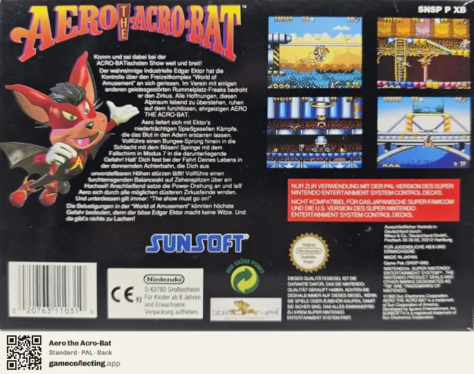 Aero the Acro-Bat Super Nintendo Entertainment System, PAL box back
