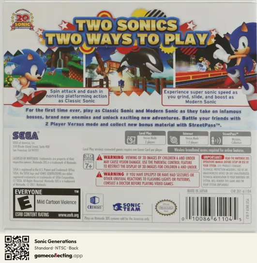Sonic Generations Nintendo 3DS, NTSC box back