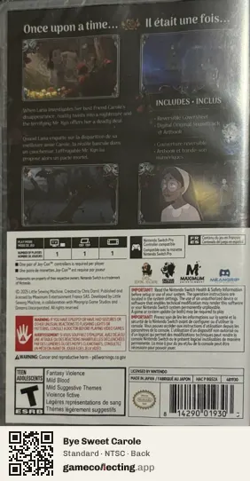 Bye Sweet Carole Nintendo Switch, NTSC box back
