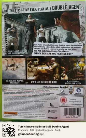 Tom Clancy's Splinter Cell: Double Agent Xbox 360, United Kingdom box back