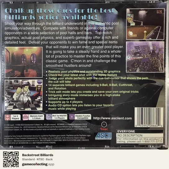 Backstreet Billiards PlayStation, NTSC box back