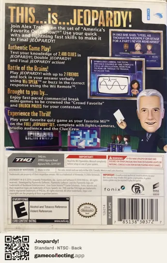 Jeopardy! Nintendo Wii, NTSC box back