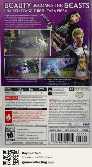 Bayonetta 3 Nintendo Switch, NTSC box back