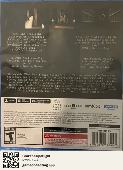 Fear the Spotlight PlayStation 5, NTSC box back