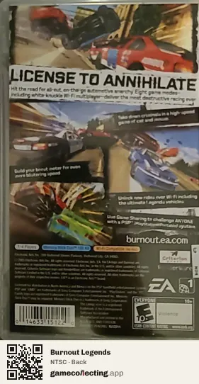 Burnout Legends PlayStation Portable, NTSC box back