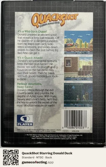 QuackShot Starring Donald Duck Sega Mega Drive / Genesis, NTSC box back