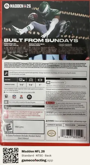 Madden NFL 26 Nintendo Switch 2, NTSC box back
