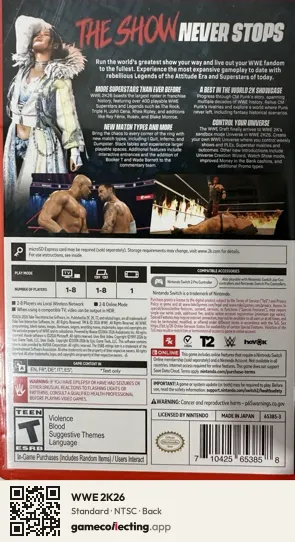 WWE 2K26 Nintendo Switch 2, NTSC box back