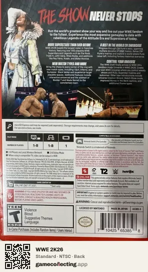 WWE 2K26 Nintendo Switch 2, NTSC box back