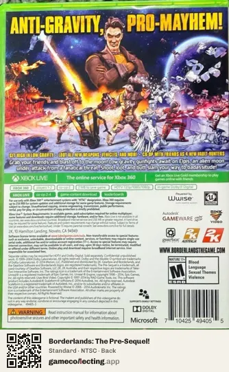 Borderlands: The Pre-Sequel! Xbox 360, NTSC box back