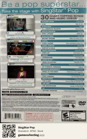 SingStar Pop PlayStation 2, NTSC box back
