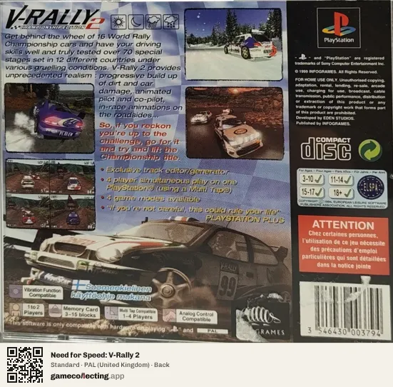 Need for Speed: V-Rally 2 PlayStation, United Kingdom box back