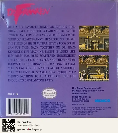 Dr. Franken Game Boy, NTSC box back
