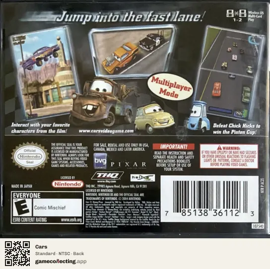 Cars Nintendo DS, NTSC box back