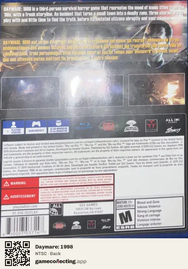 Daymare: 1998 PlayStation 4, NTSC box back