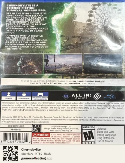 Chernobylite PlayStation 4, NTSC box back