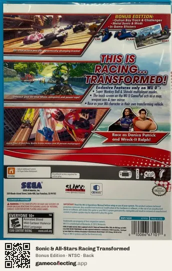 Sonic & All-Stars Racing Transformed Nintendo Wii U, NTSC box back