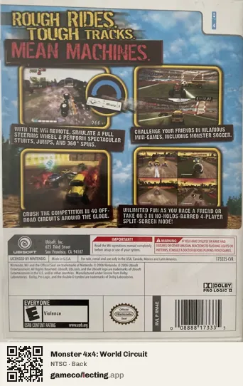 Monster 4x4: World Circuit Nintendo Wii, NTSC box back