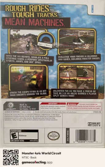 Monster 4x4: World Circuit Nintendo Wii, NTSC box back