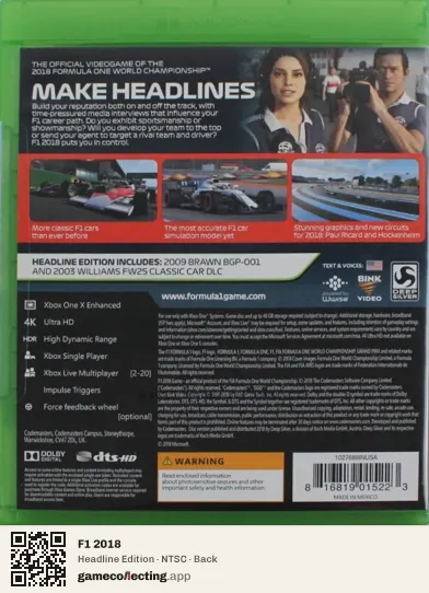 F1 2018 Xbox One, NTSC box back
