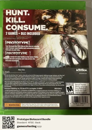 Prototype Biohazard Bundle Xbox One, NTSC box back
