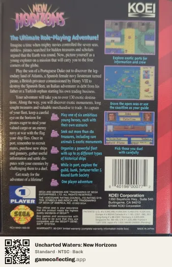 Uncharted Waters: New Horizons Sega Mega Drive / Genesis, NTSC box back