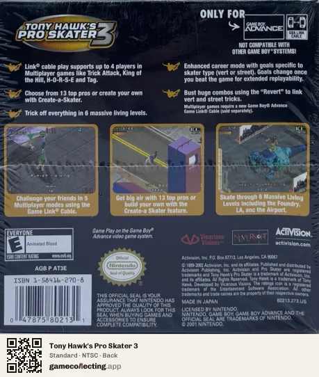 Tony Hawk's Pro Skater 3 Game Boy Advance, NTSC box back