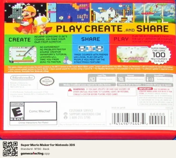 Super Mario Maker for Nintendo 3DS Nintendo 3DS, NTSC box back