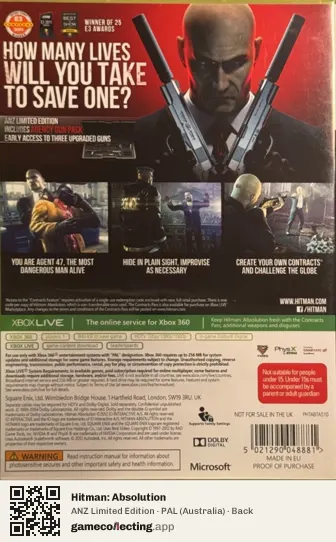 Hitman: Absolution Xbox 360, Australia box back