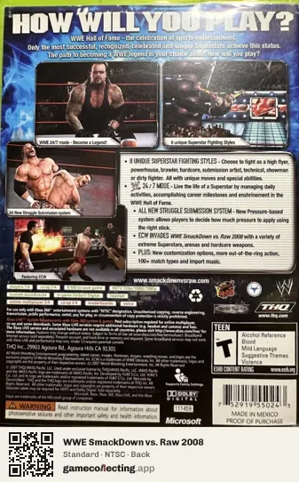 WWE SmackDown vs. Raw 2008 Xbox 360, NTSC box back