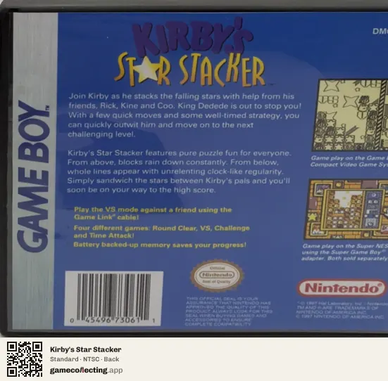 Kirby's Star Stacker Game Boy, NTSC box back