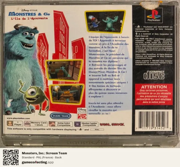 Monsters, Inc.: Scream Team PlayStation, France box back