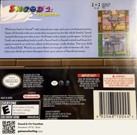 Snood 2: On Vacation Nintendo DS, NTSC box back