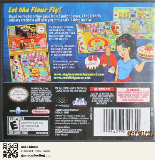 Cake Mania Nintendo DS, NTSC box back