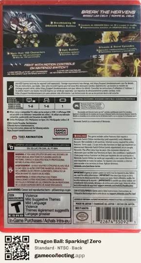 Dragon Ball: Sparking! Zero Nintendo Switch 2, NTSC box back