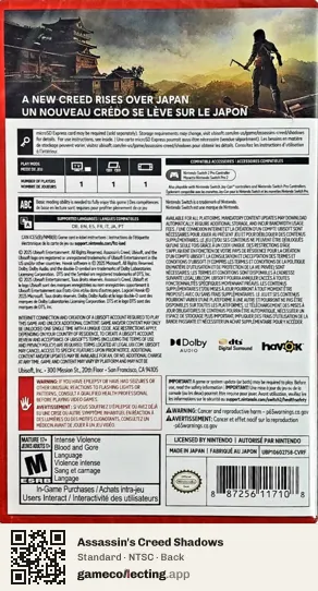 Assassin's Creed Shadows Nintendo Switch 2, NTSC box back