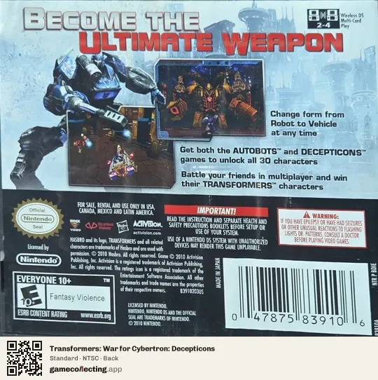 Transformers: War for Cybertron: Decepticons Nintendo DS, NTSC box back