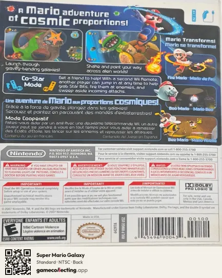 Super Mario Galaxy Nintendo Wii, NTSC box back