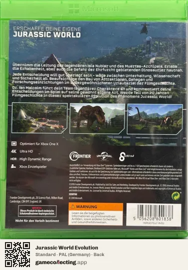 Jurassic World Evolution Xbox One, Germany box back