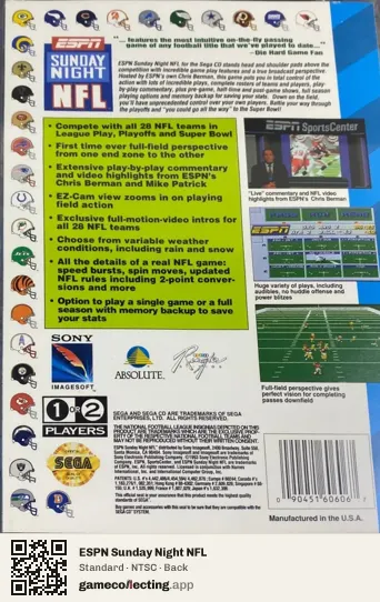 ESPN Sunday Night NFL Sega Mega-CD / Sega CD, NTSC box back