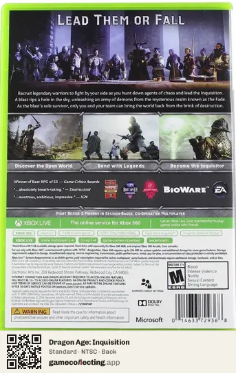 Dragon Age: Inquisition Xbox 360, NTSC box back